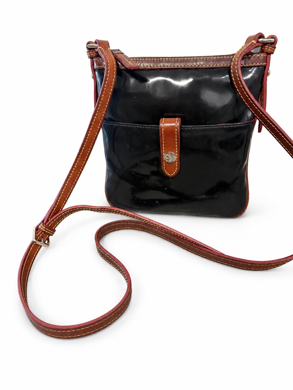 Dooney & Bourke Black with Brown Trim Patent Leather Crossbody